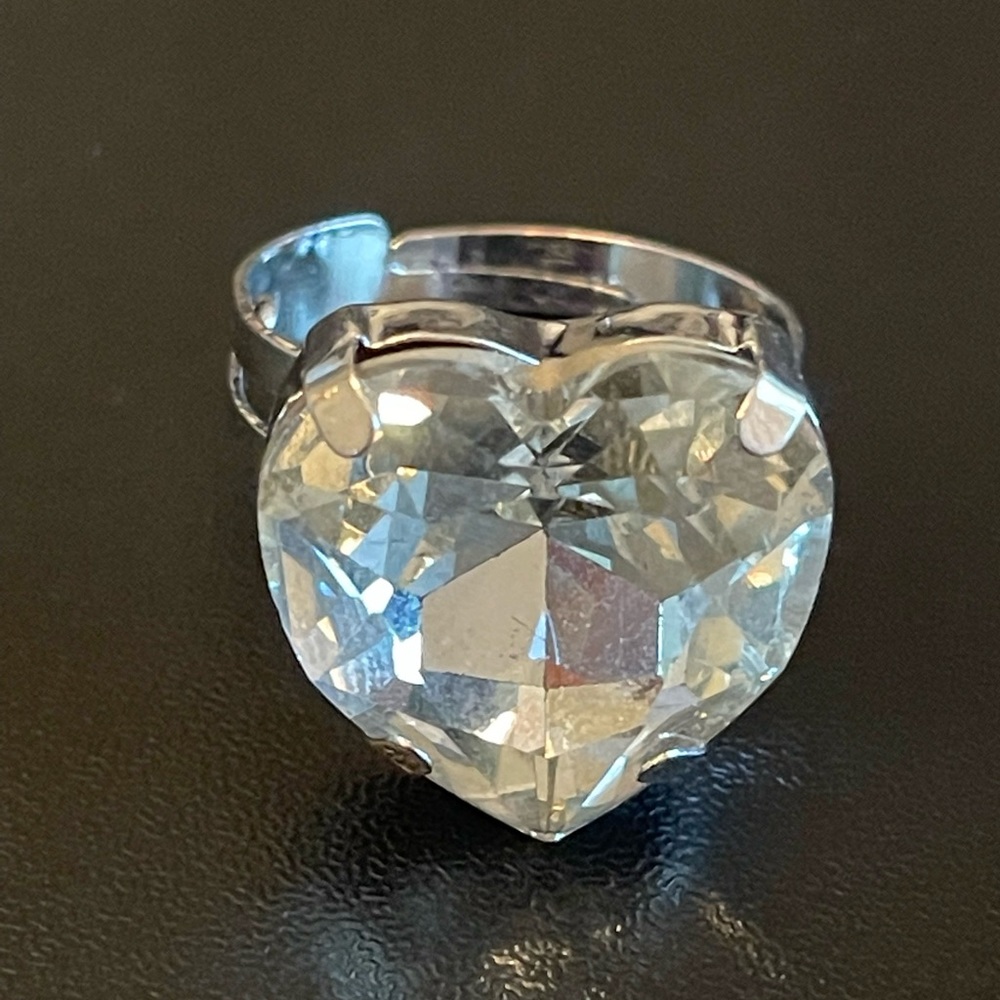 Adjustable white heart crystal silver plated ring